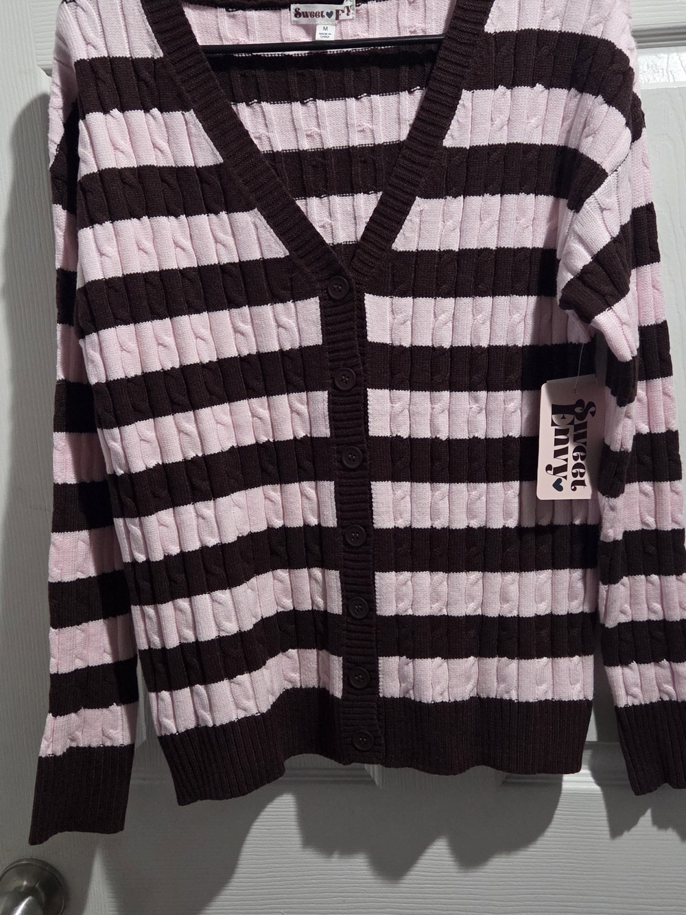 Striped V-Neck Cardigan Sweater - Pink & Brown